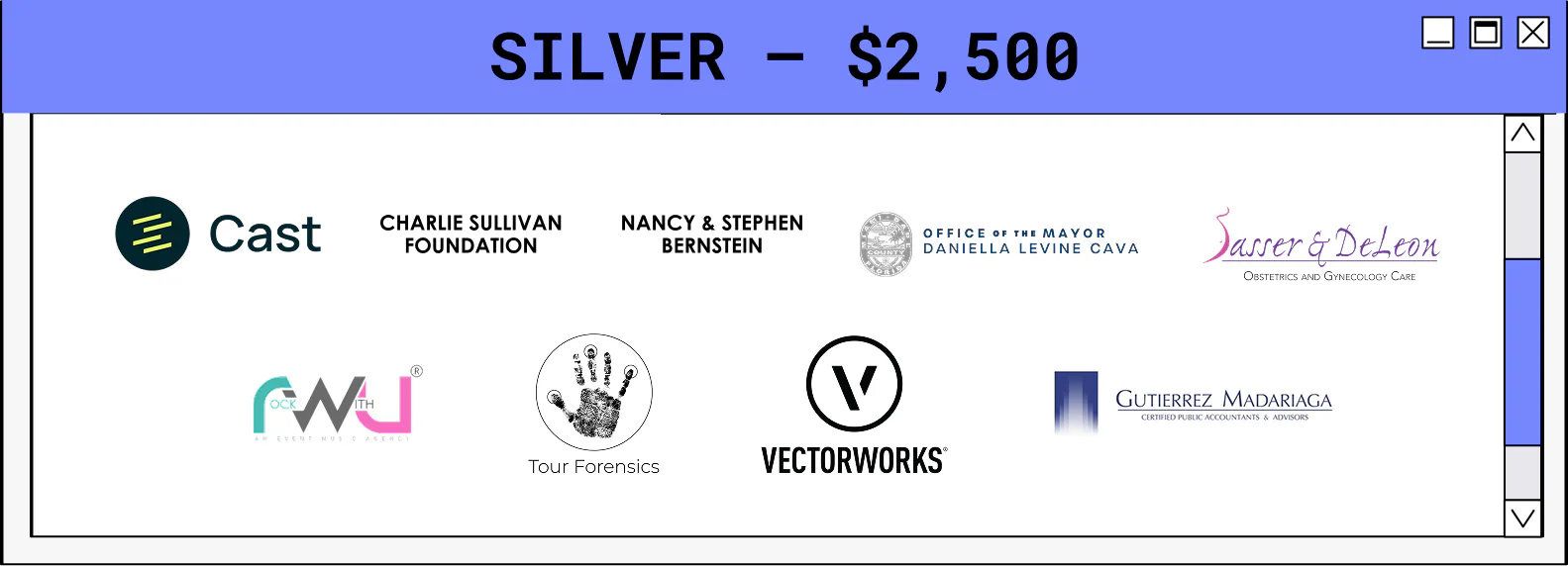 Sponsor tier box featuring Cast Foundation, GAVi, Vectorkworks, and other supporting organizations.